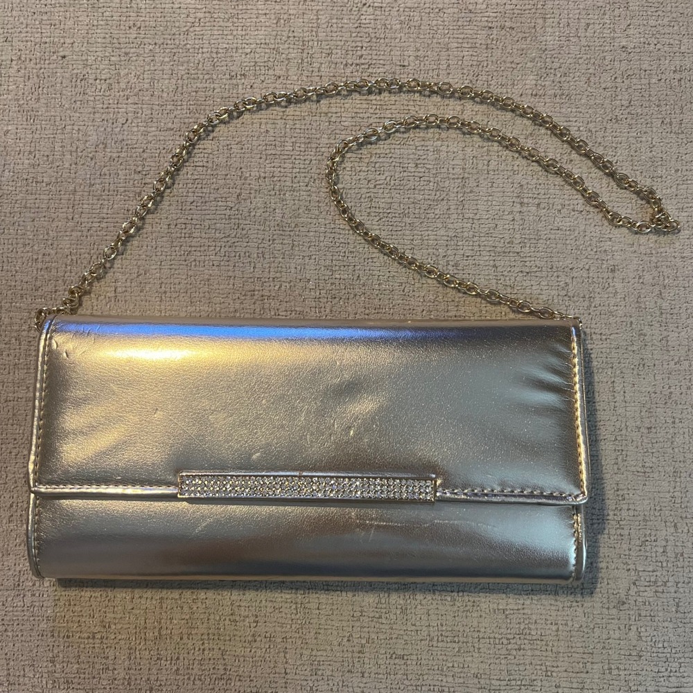 Aldo Metallic Champagne Gold Evening Clutch Bag Rhinestone Chain Strap Wedding